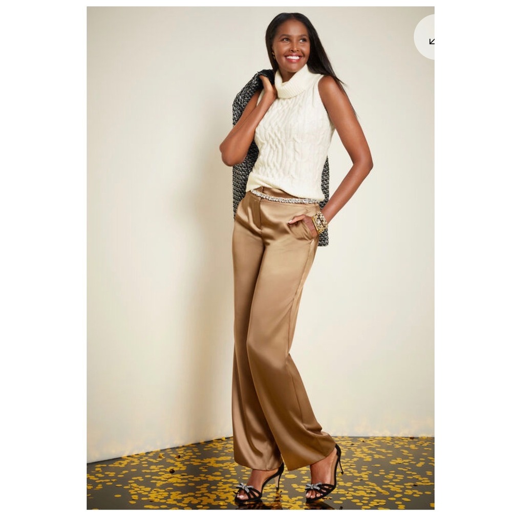 TALBOTS Satin Wide Leg Trousers High Waist Dress Pants Tan Size 12 NEW Party